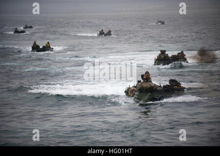 Des véhicules d'assaut amphibies pénètrent dans le pont de puits de l'USS New Orleans (LPD 18) pendant l'exercice de l'unité d'entraînement composite dans le cadre du Makin Island Amphibious Ready Group, avec des Marines du 11th MEU embarqués pour une formation pré-déploiement. Banque D'Images