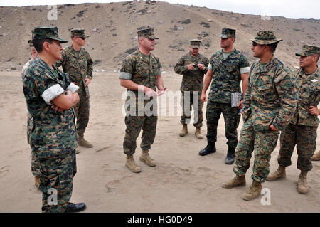 120120-A-TF780-021 ANCÓN, Pérou (janv. 20, 2012) Les Marines américains affectés au détachement du Corps des Marines (MARDET), embarquée à bord de navires à grande vitesse (HSV 2) Swift, procéder à un échange d'experts en la matière sur une gamme d'armes avec les membres de la Marine Corps péruvien dans le cadre du partenariat Sud Gare 2012. Partenariat sud Station est un déploiement annuel de navires de la Marine américaine et d'actifs aux États-Unis le sud de la zone de responsabilité du commandement dans les Caraïbes, en Amérique centrale et du Sud. (U.S. Photo de l'armée par le Sgt. 1re classe Alan B. Owens/libérés) US Navy 120120-A-t780-021 US Marines affectés Banque D'Images