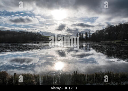 Llandrindod Wells, Powys, Wales, UK. 3 janvier, 2017. La glace sur le lac à Llandrindod Wells, le Pays de Galles. Météo britannique. Credit : Supated/Alamy Live News Banque D'Images