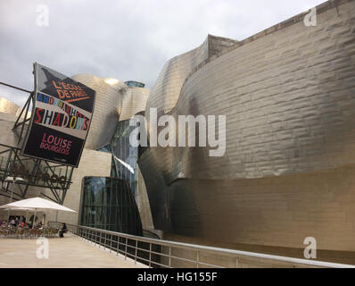 Bilbao, Espagne. 28 juillet, 2016. Vue extérieure du Musée Guggenheim de Bilbao, Espagne, 28 juillet 2016. Plus de 19 millions d'amateurs d'art du monde entier ont visité le musée Guggenheim de Bilbao, dans le nord de l'Espagne, depuis octobre 1997. Photo : Carola Frentzen/dpa/Alamy Live News Banque D'Images