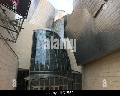 Bilbao, Espagne. 28 juillet, 2016. Vue extérieure du Musée Guggenheim de Bilbao, Espagne, 28 juillet 2016. Plus de 19 millions d'amateurs d'art du monde entier ont visité le musée Guggenheim de Bilbao, dans le nord de l'Espagne, depuis octobre 1997. Photo : Carola Frentzen/dpa/Alamy Live News Banque D'Images