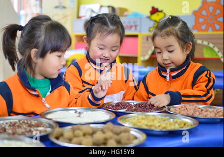 Shijiazhuang, Province de Hebei en Chine. 4 janvier, 2017. Les enfants voir les ingrédients d'un Baap congee à un jardin d'enfants à Xiamen, Chine du Nord, Province de Hebei, le 4 janvier 2017. Le Festival de Laba, une maison traditionnelle chinoise au huitième jour du 12e mois lunaire, tombera le 5 janvier de cette année. C'est coutume en ce jour spécial pour manger un Baap congee, ou huit treasure le porridge, habituellement fait avec au moins huit ingrédients, représentant des prières pour la récolte, le bonheur et la paix. © Zhu Xudong/Xinhua/Alamy Live News Banque D'Images