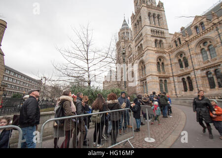 London,UK. 4e janvier 2017. Les foules en dehors de la file d'attente le musée d'histoire naturelle pour la dernière chance de voir dinosaure Diplodocus Fofolle avant qu'il part en tournée autour de Britiain Crédit : amer ghazzal/Alamy Live News Banque D'Images