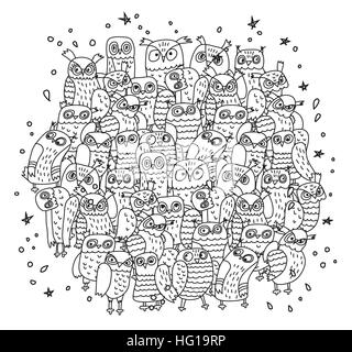 Doodles groupe oiseaux hiboux noir et blanc Illustration de Vecteur