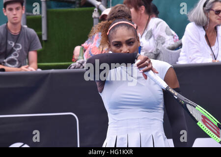 Auckland, Nouvelle-Zélande. 06Th Jan, 2017. Superstar Tennis Serena Williams réagit au cours de son premier tour des célibataires match contre la France à Pamentie la Pauline le tournoi de tennis WTA ASB Classic à Auckland, Nouvelle-Zélande © Shirley Kwok/Pacific Press/Alamy Live News Banque D'Images