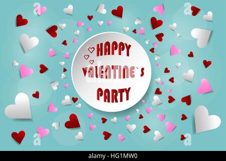 Cercle avec Happy Valentines Party inscription est au milieu du vecteur. Beaucoup de cœurs rouges et roses sont autour du cercle. Illustration de Vecteur