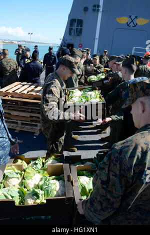 Les Marines américains affectés à la 22e unité expéditionnaire maritime et les marins affectés à la station de transport amphibie USS Mesa Verde (LPD 19) charge boîtes de nourriture et de fournitures sur le bateau tandis qu'il ravitaille à la station navale de Rota, Espagne, le 24 février 2014. Les marins et soldats étaient des efforts de sécurité et de fournir une capacité d'intervention de crise aux États-Unis la 5ème et la 6ème flotte domaines de responsabilité. (U.S. Photo par MARINE MATELOT Phylicia A. Hanson/relâché), USS Mesa Verde operations 140224-N-HB951-198 Banque D'Images