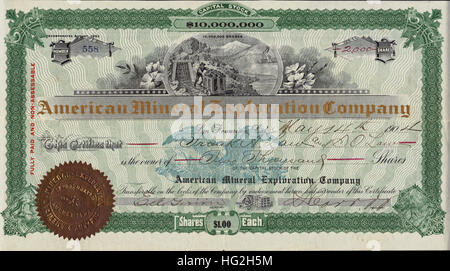 1904 American Mineral Exploration Company Stock Certificate - San Francisco, Californie - USA Banque D'Images