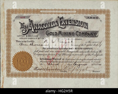 1894 Extension d'Anaconda Gold Mining Company Stock Certificate - Cripple Creek, Colorado - USA Banque D'Images