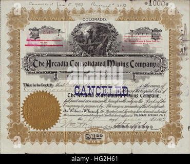 Arcadia 1899 Consolidated Mining Company Stock Certificate - Gold Hill - Cripple Creek Mining District, Californie - USA Banque D'Images