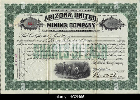 1912 Arizona United Mining Company Stock Certificate - Authentic Old West Document - USA Banque D'Images