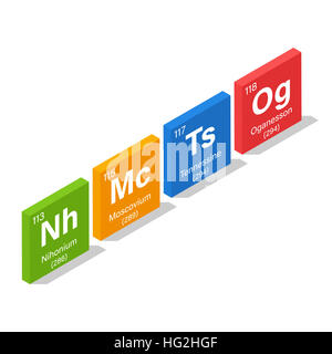 2016 De nouveaux éléments dans le tableau périodique, Nihonium Tennessine Oganesson et Moscovium, - style 3D isométrique Banque D'Images