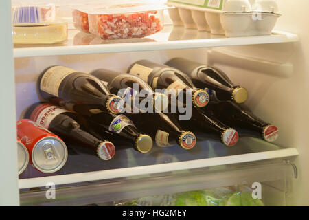 BURG / ALLEMAGNE - 2 janvier 2017 : une diversité de bouteilles de bière se trouve dans un réfrigérateur Banque D'Images