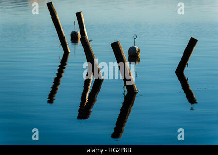 Poteaux d'amarrage en bois rétro et des bouées avec des reflets dans la mer sans vent. Banque D'Images