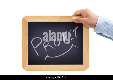 Mot lucratif à la main sur une ardoise Banque D'Images