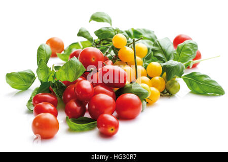 Tomates Raisins rouges et jaunes au basilic Banque D'Images