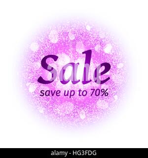 Vente banner on abstract tour nuage de poudre avec des particules de poussière rose isolé sur fond blanc. Effet de lumière d'artifice de poussière de bougies. Sparkles splash arrière-plan. Vector illustration. Illustration de Vecteur