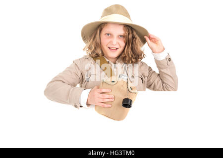 Jeune fille avec Safari vêtements et isolés en blanc à la cantine Banque D'Images