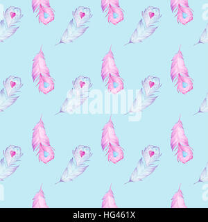 L'aquarelle à la main motif transparent vintage avec des plumes et des coeurs Banque D'Images