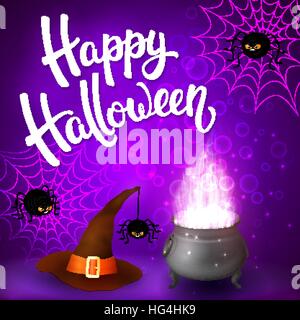 Carte de souhaits pour l'halloween avec chaudron de sorcière, hat, en colère contre les araignées, net et badigeonner le lettrage sur fond violet avec des bulles. Décoration pour poster, bannière, flyer design. Vector illustration. Illustration de Vecteur