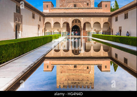 Patio de los Arrayanes, la Cour des Myrtes avec reflet dans l'étang, des Bonzaïs, Palais Nasrides Alhambra de Grenade, Andalousie, Espagne Banque D'Images