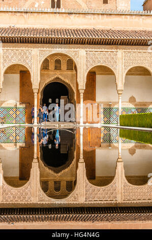 Patio de los Arrayanes, la Cour des Myrtes et reflet dans l'eau, des Bonzaïs, Palais Nasrides Alhambra de Grenade, Andalousie, Espagne Banque D'Images