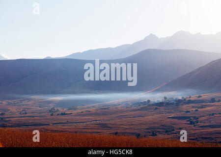 Tôt le matin, la brume, la vallée du Tsaranoro, Ambalavao, zone centrale Banque D'Images