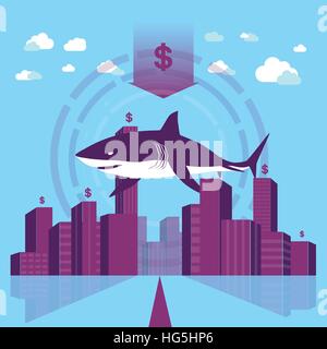 Difficulté / danger au monde des affaires - Shark dans un quartier d'affaires, l'arrière-plan. Illustration de Vecteur