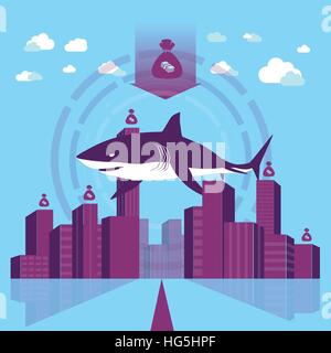 Difficulté / danger au monde des affaires - Shark dans un quartier d'affaires, l'arrière-plan. Illustration de Vecteur