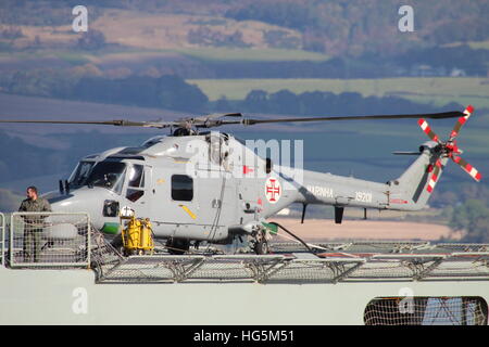 19201, un Super Westland Lynx Mk.95 de la Marine portugaise, à bord NRP Alvares Cabral au cours de l'exercice Joint Warrior 16-2. Banque D'Images