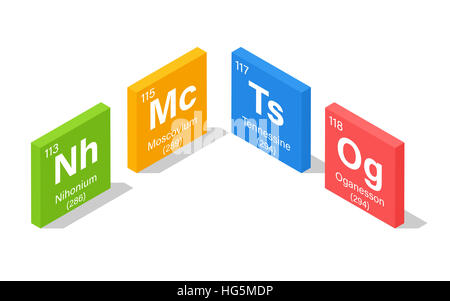 2016 De nouveaux éléments dans le tableau périodique, Nihonium Tennessine Oganesson et Moscovium, - style 3D isométrique Banque D'Images