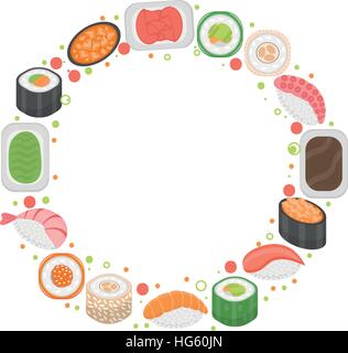 Modèle de châssis sushi avec l'espace pour le texte. La cuisine japonaise isolé sur fond blanc. Illustration vectorielle, clip art. Illustration de Vecteur