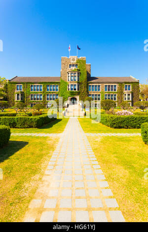 Sentier herbeux menant au bâtiment principal couvert de lierre vénérable à l'Université de Yonsei dans Sinchon, Séoul, Corée du Sud. La verticale Banque D'Images