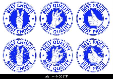 Set de badges bleus avec geste de la main des symboles : nous gagnons, ok, pouce vers le haut. Vector illustration. Illustration de Vecteur