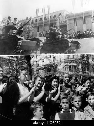 Le tableau de la propagande nazie montre le défilé militaire en l'honneur du troisième anniversaire de la victoire des troupes francos dans la guerre civile espagnole à Madrid, Espagne, avril 1942. La photo du haut montre les forces tank qui passent la Tribune du caudillo (au milieu de la photo) et la photo du bas montre applaudir les jeunes femmes Espagnols. Fotoarchiv für Zeitgeschichtee - PAS DE SERVICE DE FIL - | utilisation dans le monde entier Banque D'Images