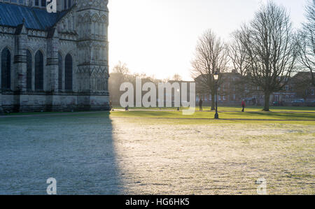 La cathédrale de Salisbury et ses jardins sont le matin d'hiver froid et ensoleillé Banque D'Images