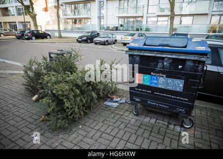 Londres, Royaume-Uni. 5 janvier, 2017. Les arbres de Noël vu par bacs de recyclage à Surrey Quays © Guy Josse/Alamy Live News Banque D'Images