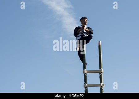 Tokyo, Tokyo, Japon. 6 janvier, 2017. Les membres d'un groupe traditionnel de préservation incendie effectuer des cascades de l'échelle au cours de l'assemblée annuelle du Nouvel An Fire Brigade revoir à Tokyo. © Alessandro Di Ciommo/ZUMA/Alamy Fil Live News Banque D'Images