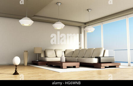 Intérieur chambre moderne avec de grandes fenêtres et de parquet. 3D illustration. Banque D'Images
