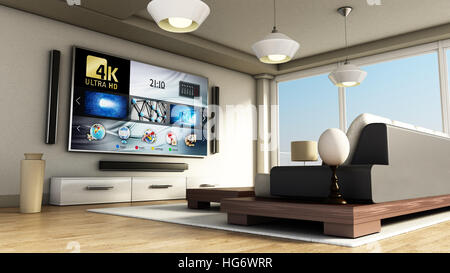 Smart TV 4K moderne avec de grandes fenêtres et de parquet. 3D illustration. Banque D'Images