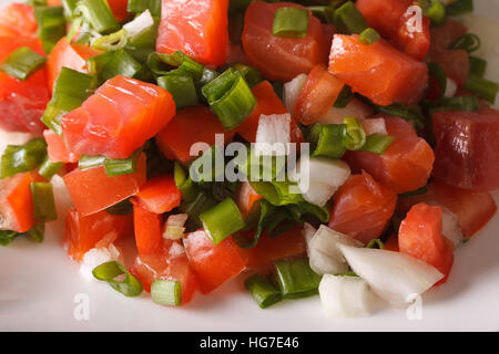 Salade de saumon salé avec des tomates et oignons verts macro sur une assiette. L'horizontale Banque D'Images