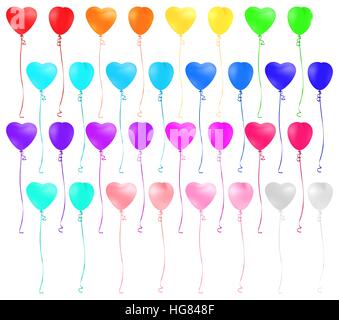 Ensemble de ballons colorés en forme de coeur isolé sur fond blanc. Illustration de Vecteur