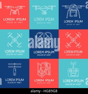 Fine ligne moderne serti de drones. Collection de logos avec quadrocopter, hexacopter, multicopter faite en style de ligne. Illustration de Vecteur