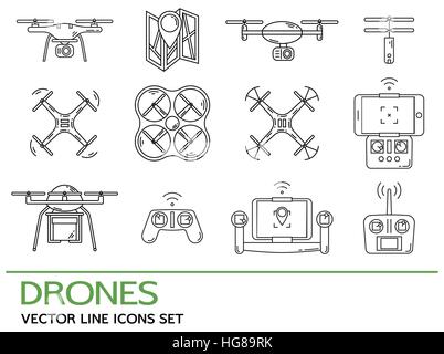 Fine ligne moderne serti de drones. Collection d'icônes avec quadrocopter, hexacopter, multicopter faite en style de ligne. Illustration de Vecteur