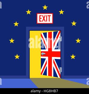 Brexit ouvert avec porte le drapeau du Royaume-Uni illustration vecteur de couleur. Texte de sortie sur la plaque. Mur peint dans les couleurs du drapeau de l'UE avec des étoiles. Illustration de Vecteur