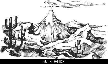 Paysage croquis vecteur d'éruption volcanique les cactus et les rochers. Illustration de Vecteur