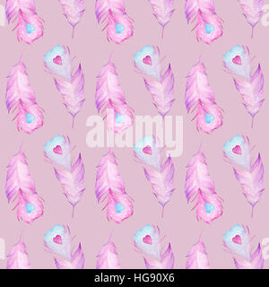 L'aquarelle transparente avec motif plumes dessiné à la main et coeur bleu et rouge Banque D'Images