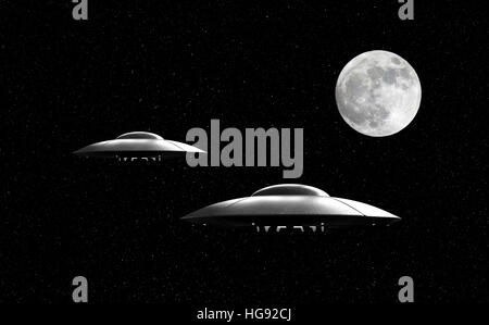 Le rendu 3D de soucoupes volantes sur stars de fond et la lune Banque D'Images