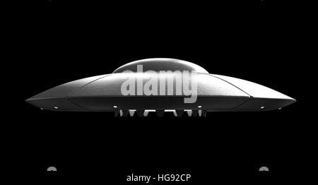3D render of flying saucer sur fond noir isolé Banque D'Images