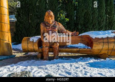 Banc en bois sculpté sur Sasquatch, Harrison Hot Springs, en Colombie-Britannique, Canada. Banque D'Images